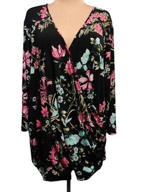 Avenue Tunic Plus Size 26 28 Black Floral Faux Wrap Stretch Plus Size Dressy Top